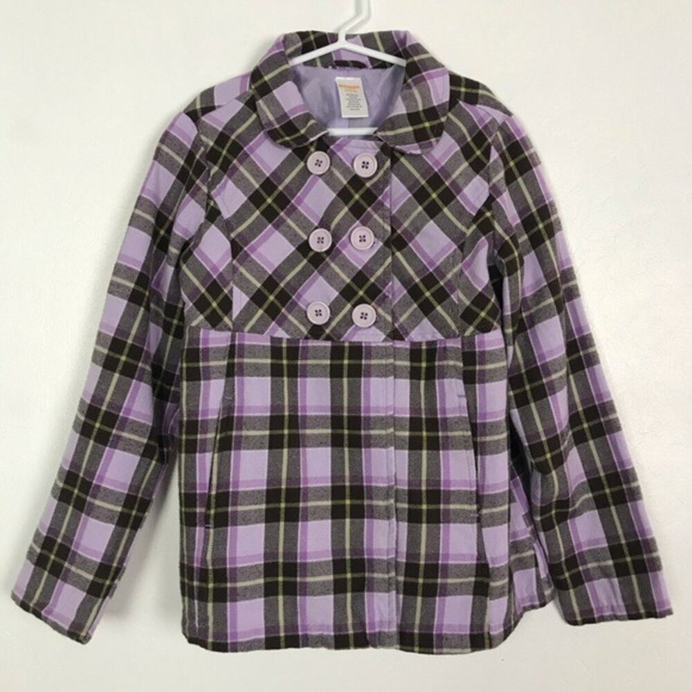 Gymboree Plaid Coat Girls Medium (7-8) Purple Brown Button Front Pockets Preppy